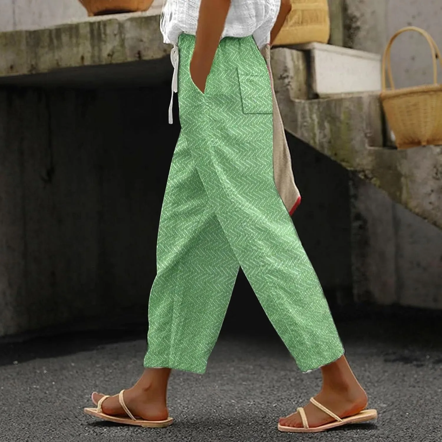 LCMTWX Vacation Linen Outfits for Women 2025 with Pockets Wide Leg Cropped Pants for Women Capri Pants 2025 Pants with