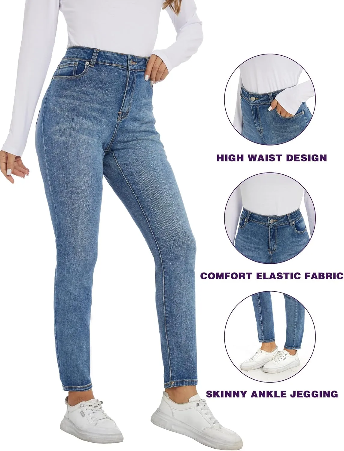 LICTZNEE Jeans for Women High Waist, Skinny Stretchy Jeans Slim Fit Leg Pants with Pockets Tummy Control Butt Lift