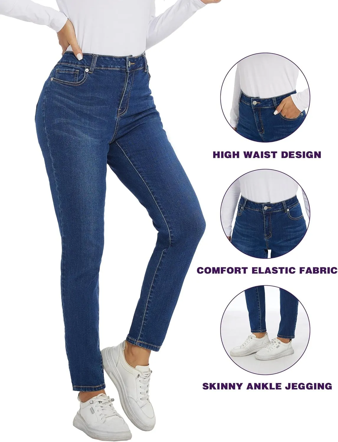 LICTZNEE Jeans for Women High Waist, Skinny Stretchy Jeans Slim Fit Leg Pants with Pockets Tummy Control Butt Lift