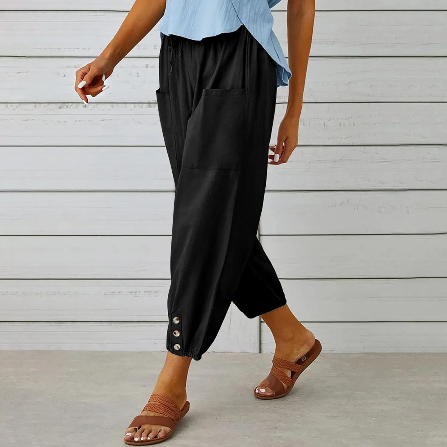 Lightweight Casual Summer Pants for Women Trendy Elastic High Waisted Cotton Linen Cropped Pant Trousers Loose Comfy