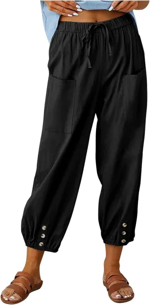 Lightweight Casual Summer Pants for Women Trendy Elastic High Waisted Cotton Linen Cropped Pant Trousers Loose Comfy