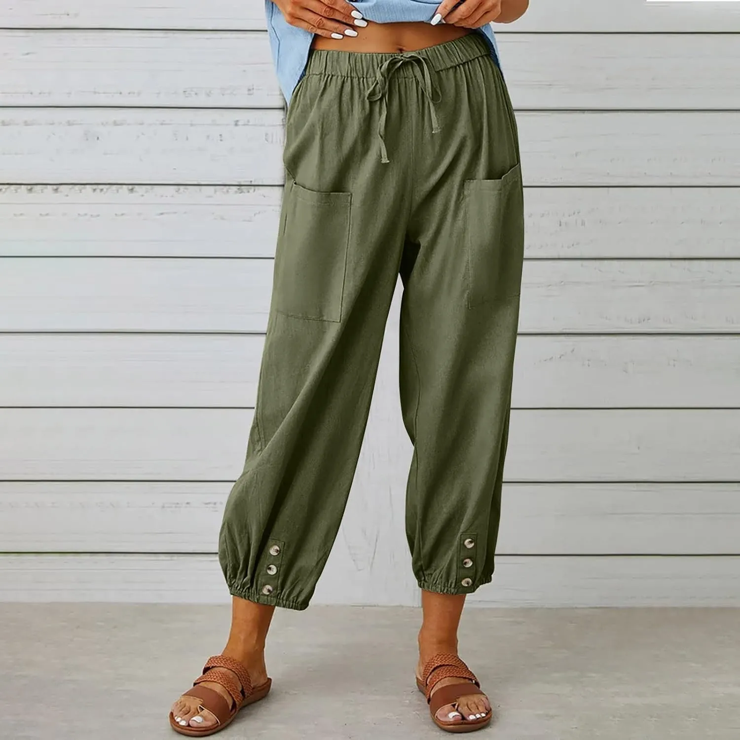Lightweight Casual Summer Pants for Women Trendy Elastic High Waisted Cotton Linen Cropped Pant Trousers Loose Comfy