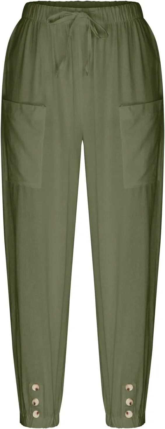 Lightweight Casual Summer Pants for Women Trendy Elastic High Waisted Cotton Linen Cropped Pant Trousers Loose Comfy