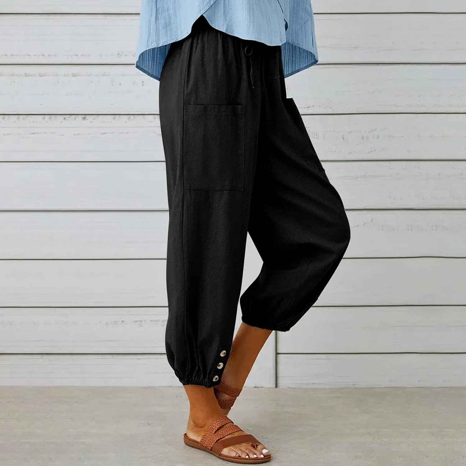 Lightweight Casual Summer Pants for Women Trendy Elastic High Waisted Cotton Linen Cropped Pant Trousers Loose Comfy