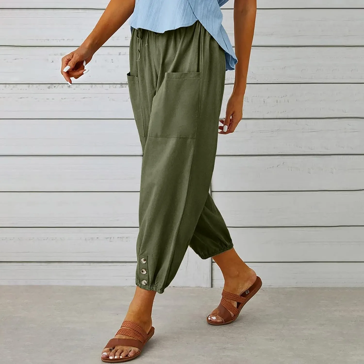 Lightweight Casual Summer Pants for Women Trendy Elastic High Waisted Cotton Linen Cropped Pant Trousers Loose Comfy