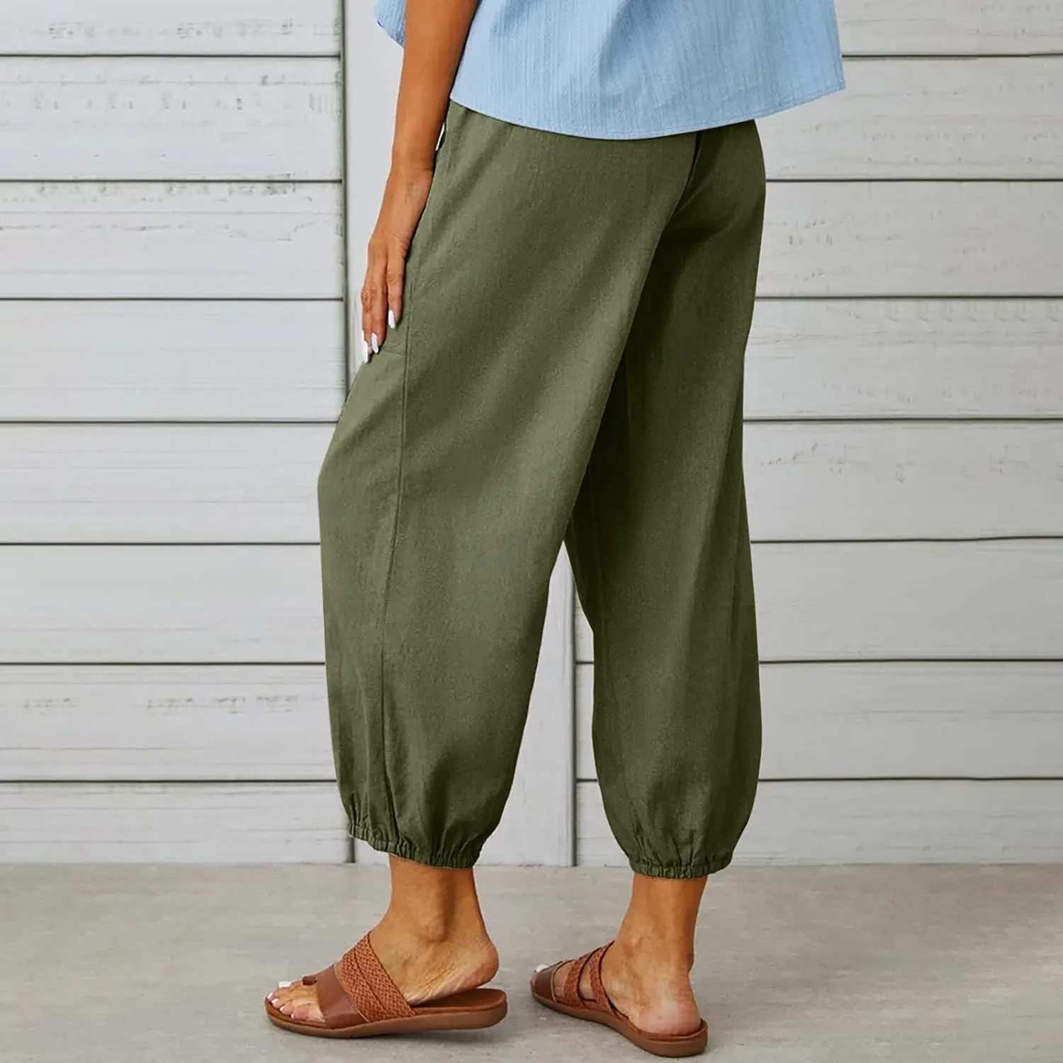 Lightweight Casual Summer Pants for Women Trendy Elastic High Waisted Cotton Linen Cropped Pant Trousers Loose Comfy