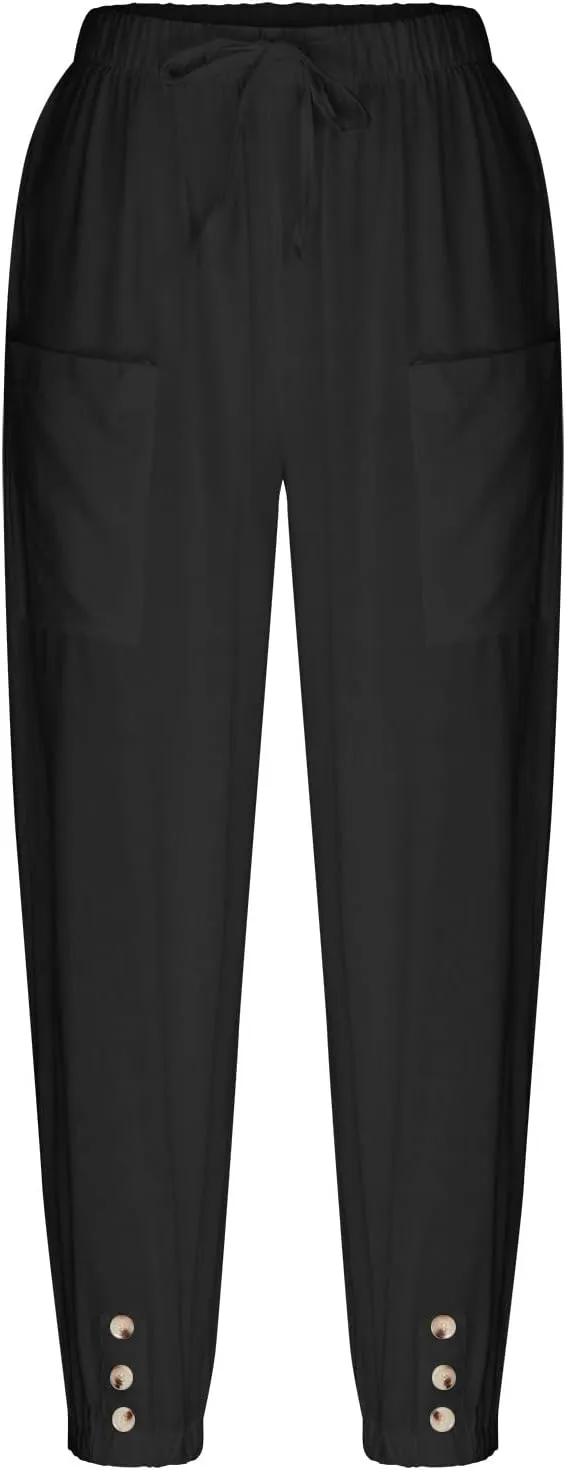 Lightweight Casual Summer Pants for Women Trendy Elastic High Waisted Cotton Linen Cropped Pant Trousers Loose Comfy