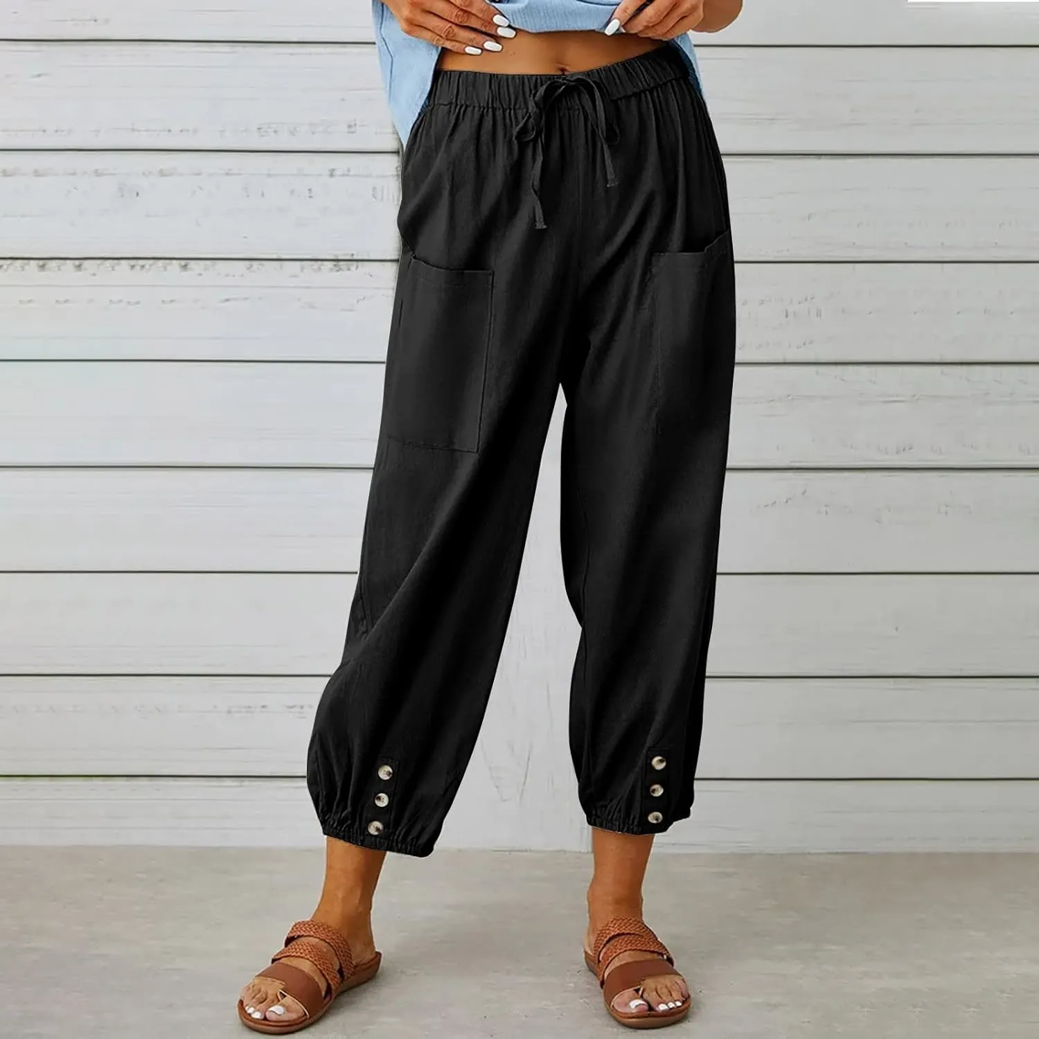 Lightweight Casual Summer Pants for Women Trendy Elastic High Waisted Cotton Linen Cropped Pant Trousers Loose Comfy