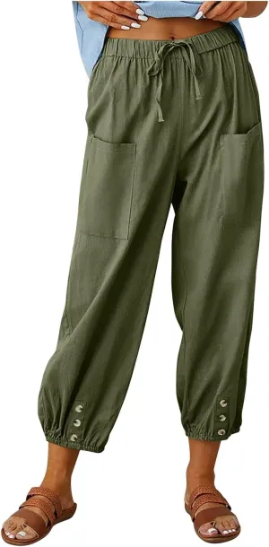 Lightweight Casual Summer Pants for Women Trendy Elastic High Waisted Cotton Linen Cropped Pant Trousers Loose Comfy