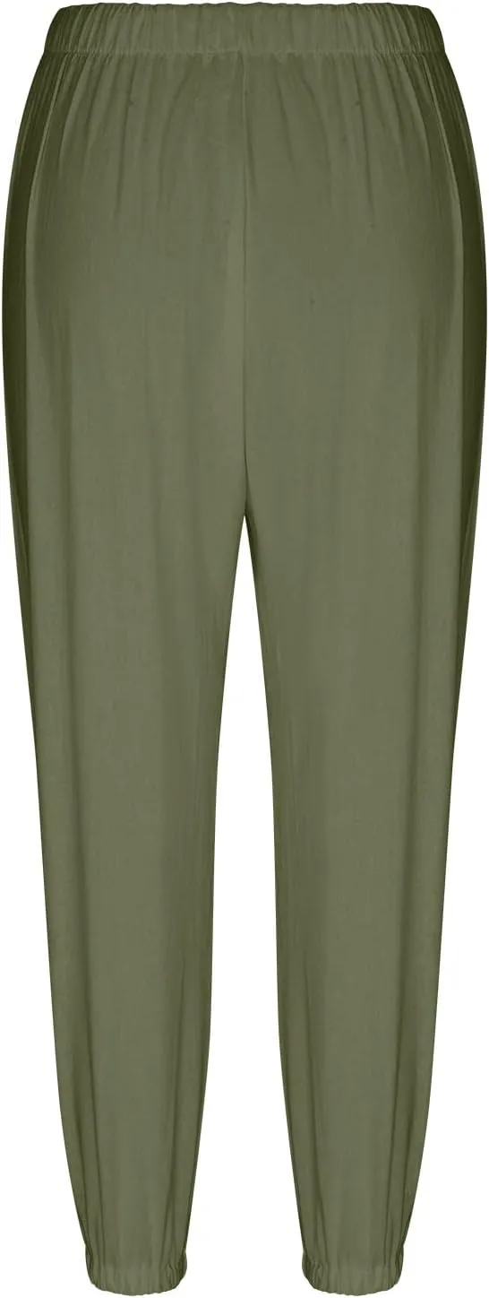 Lightweight Casual Summer Pants for Women Trendy Elastic High Waisted Cotton Linen Cropped Pant Trousers Loose Comfy