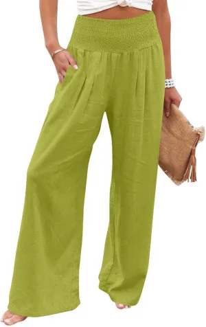 Lightweight Linen Pants Women Palazzo Pants Summer Smocked High Waisted Wide Leg Pant Fashion Trousers with Pockets