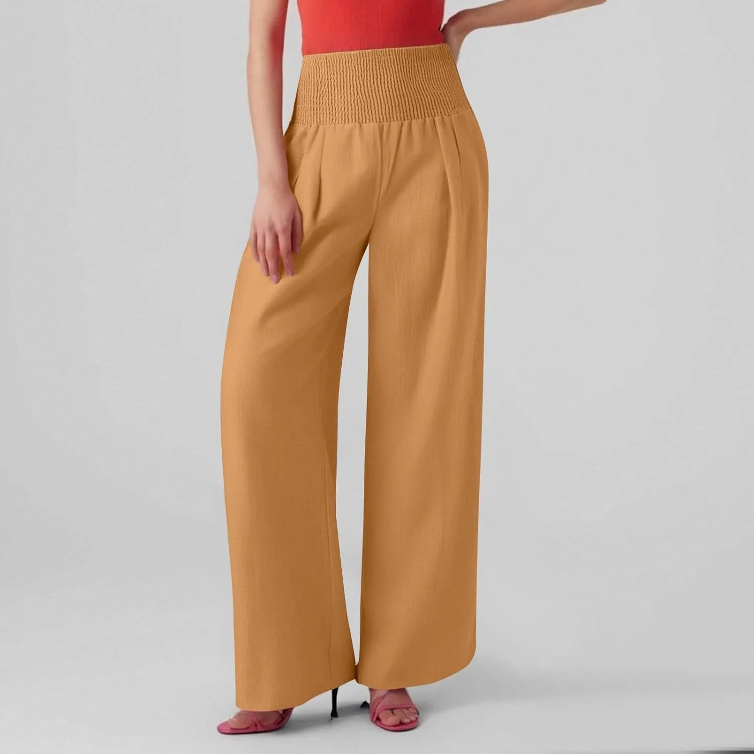 Lightweight Linen Pants Women Palazzo Pants Summer Smocked High Waisted Wide Leg Pant Fashion Trousers with Pockets