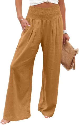 Lightweight Linen Pants Women Palazzo Pants Summer Smocked High Waisted Wide Leg Pant Fashion Trousers with Pockets