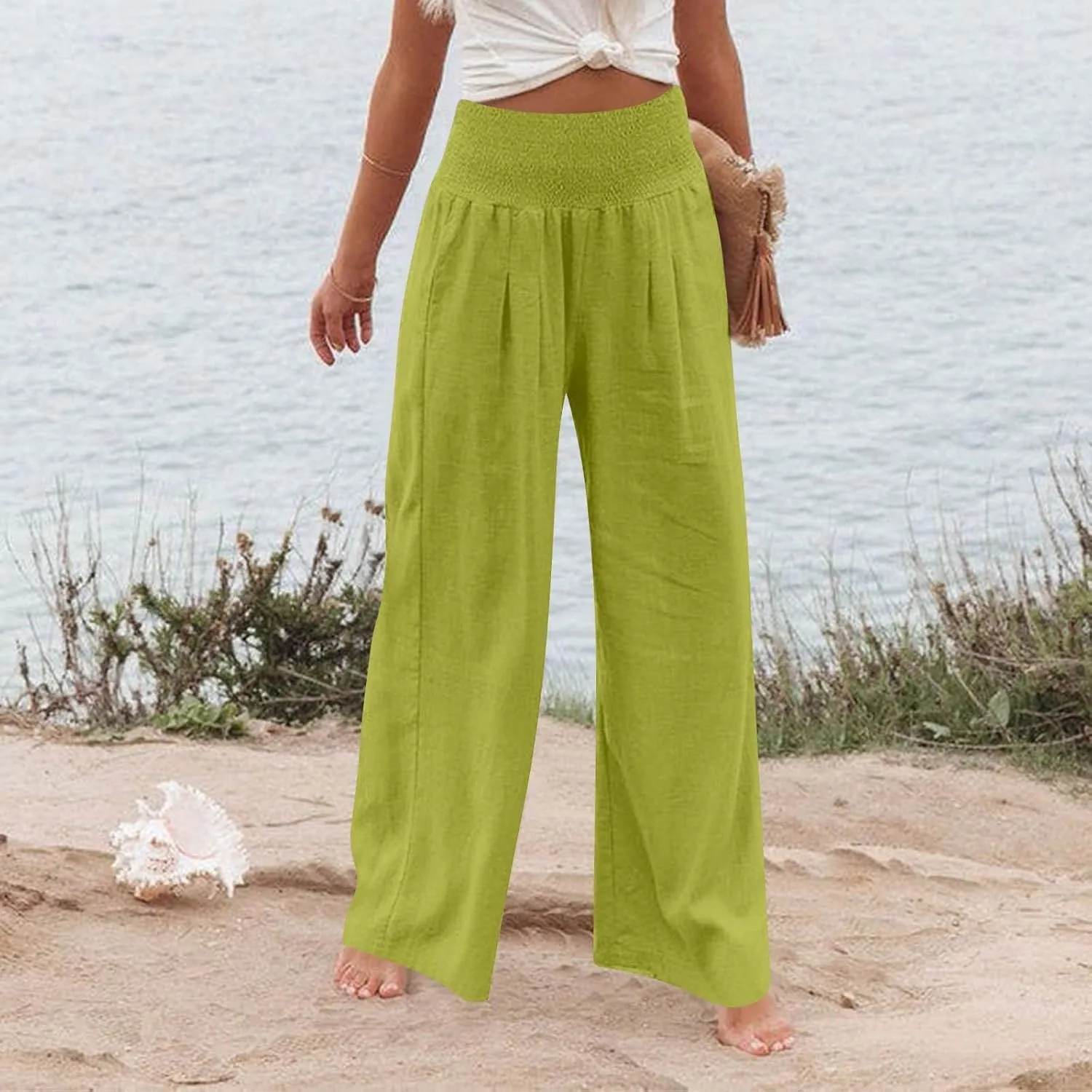 Lightweight Linen Pants Women Palazzo Pants Summer Smocked High Waisted Wide Leg Pant Fashion Trousers with Pockets