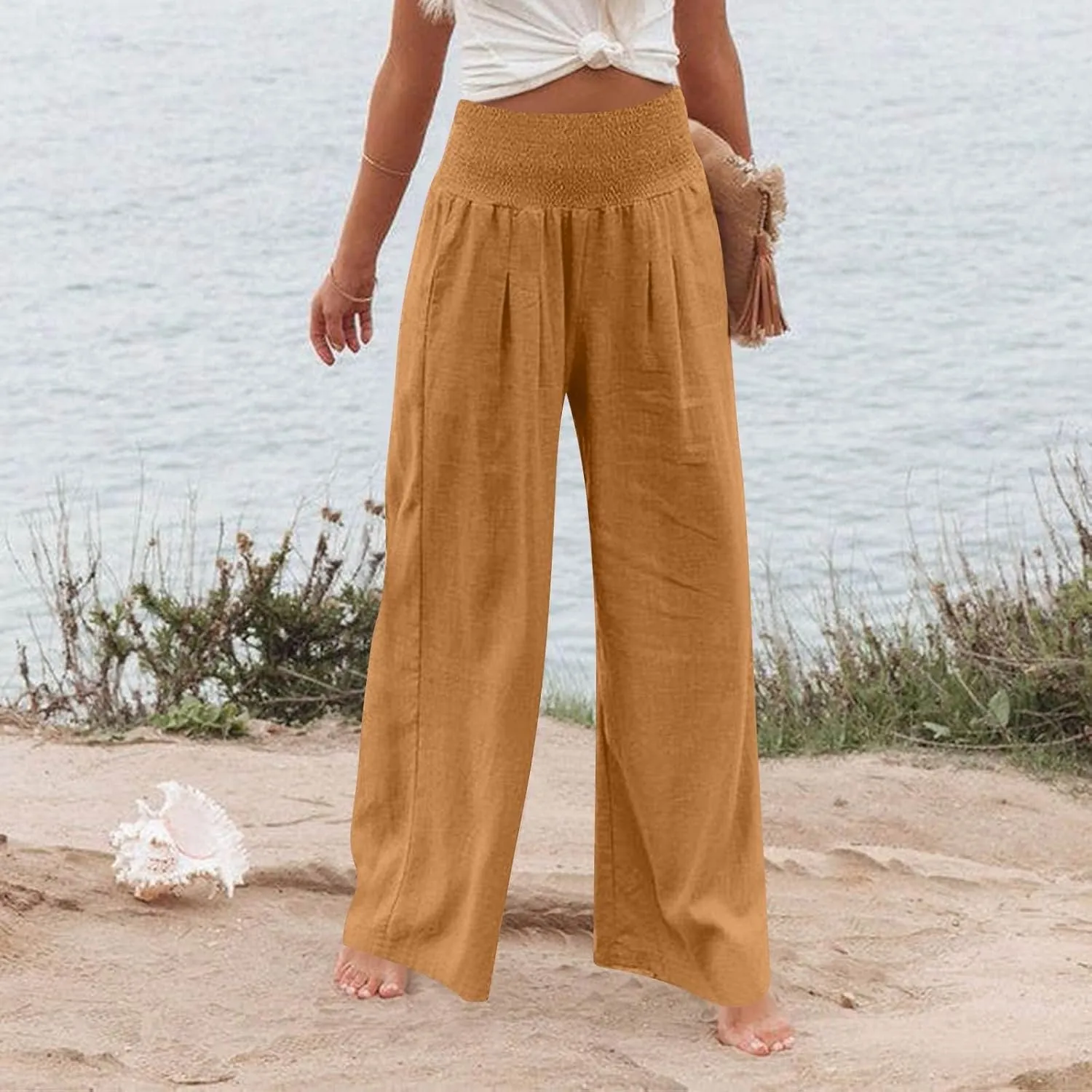 Lightweight Linen Pants Women Palazzo Pants Summer Smocked High Waisted Wide Leg Pant Fashion Trousers with Pockets