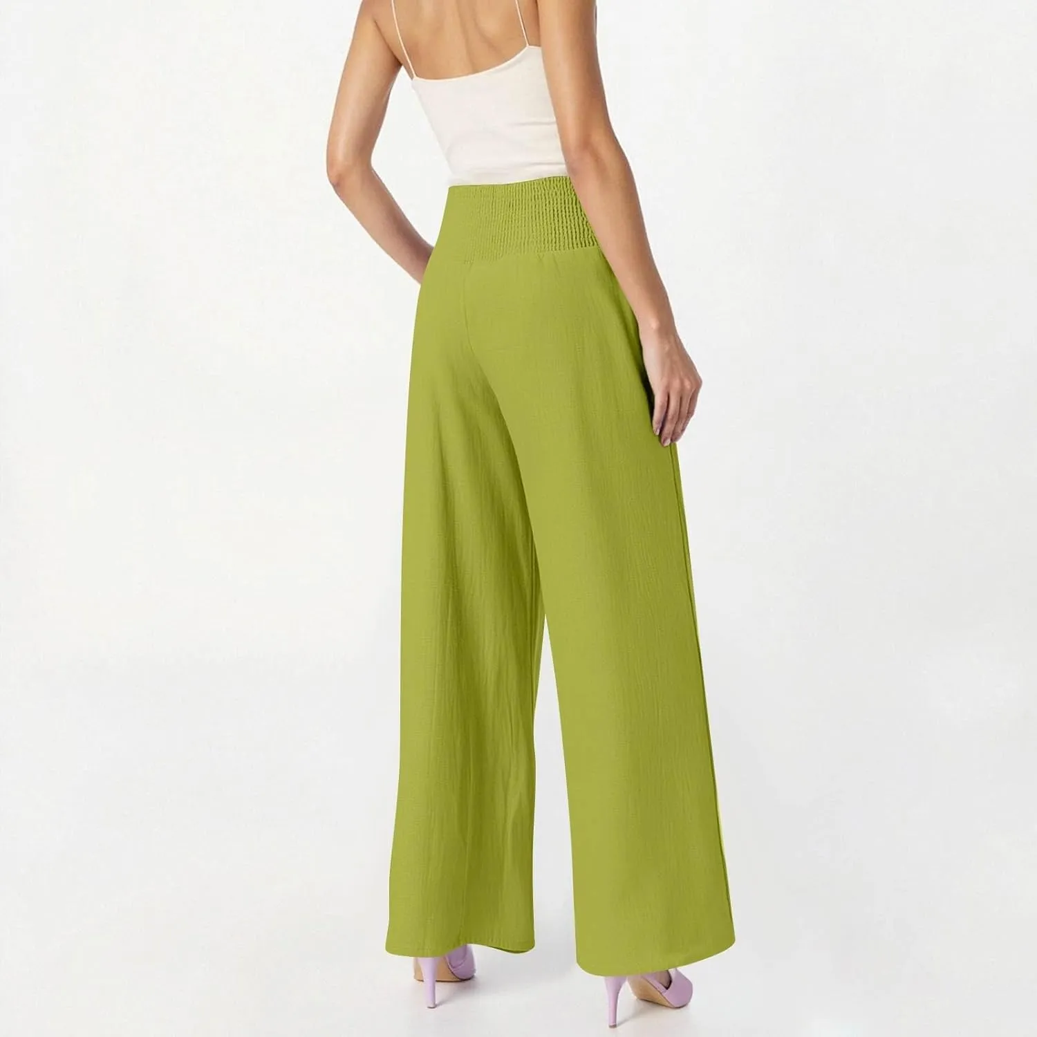 Lightweight Linen Pants Women Palazzo Pants Summer Smocked High Waisted Wide Leg Pant Fashion Trousers with Pockets