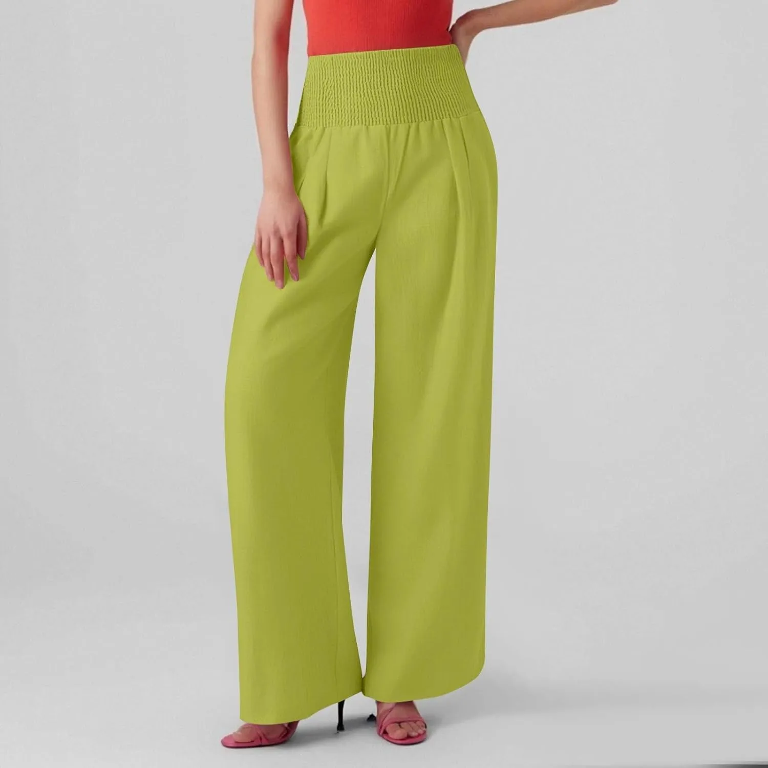 Lightweight Linen Pants Women Palazzo Pants Summer Smocked High Waisted Wide Leg Pant Fashion Trousers with Pockets
