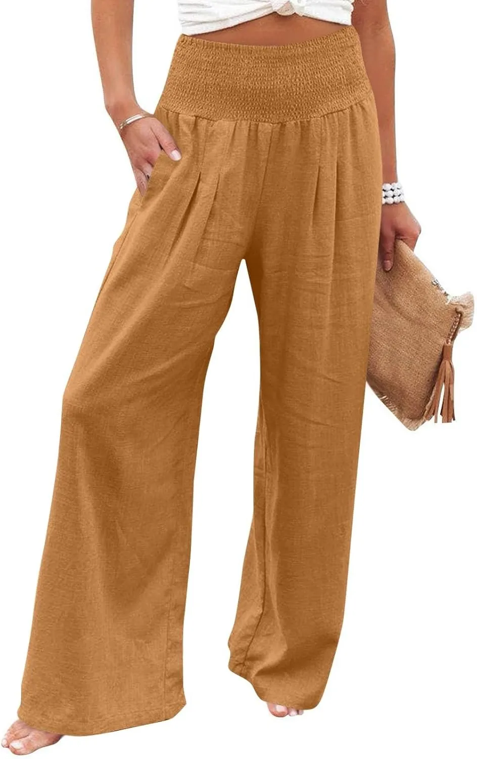 Lightweight Linen Pants Women Palazzo Pants Summer Smocked High Waisted Wide Leg Pant Fashion Trousers with Pockets