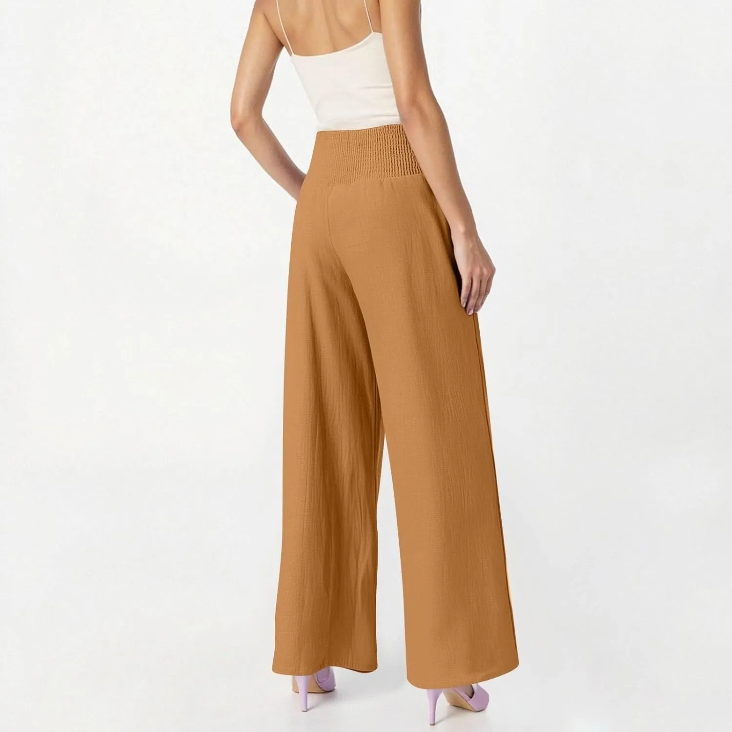 Lightweight Linen Pants Women Palazzo Pants Summer Smocked High Waisted Wide Leg Pant Fashion Trousers with Pockets