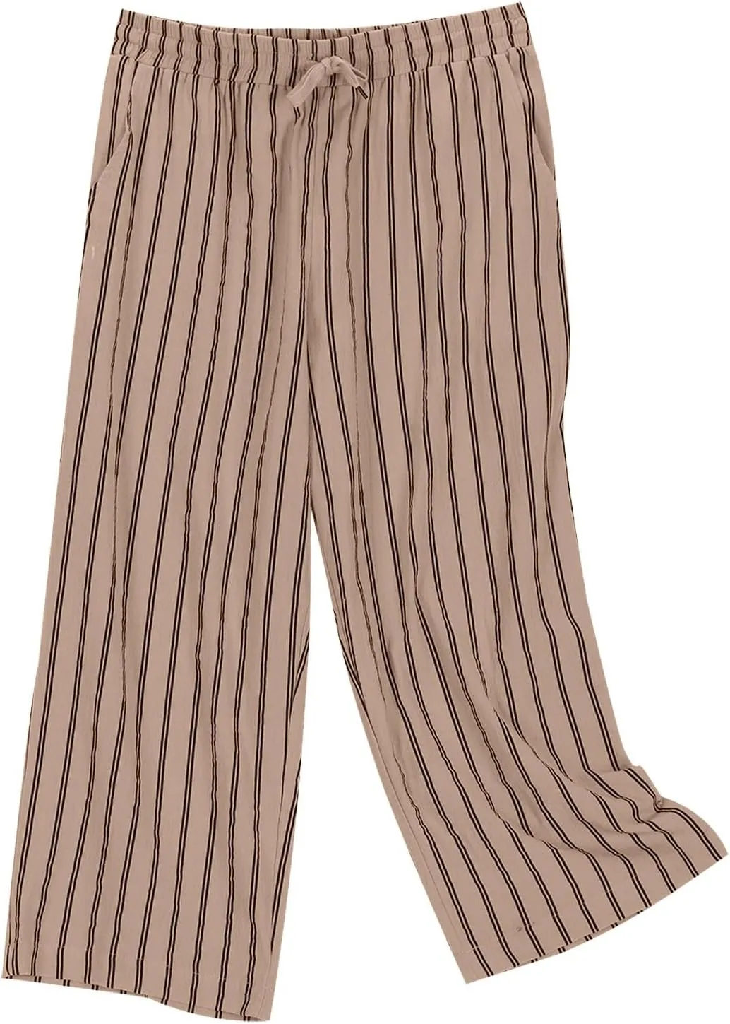 Linen Capri Pants for Women Summer Elastic Waist Casual Straight Leg Drawstring Beach Cropped Trousers with Pockets