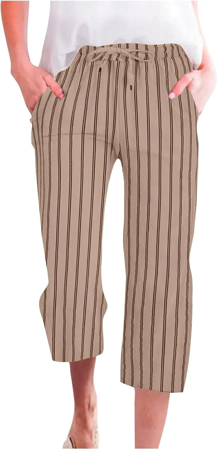 Linen Capri Pants for Women Summer Elastic Waist Casual Straight Leg Drawstring Beach Cropped Trousers with Pockets