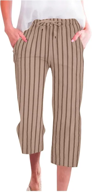 Linen Capri Pants for Women Summer Elastic Waist Casual Straight Leg Drawstring Beach Cropped Trousers with Pockets