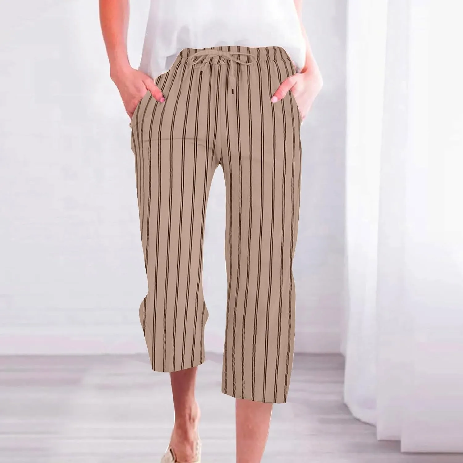 Linen Capri Pants for Women Summer Elastic Waist Casual Straight Leg Drawstring Beach Cropped Trousers with Pockets