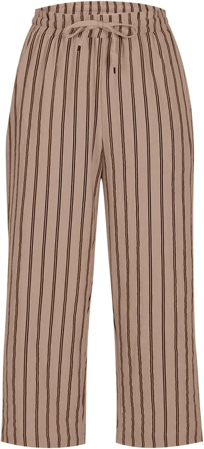 Linen Capri Pants for Women Summer Elastic Waist Casual Straight Leg Drawstring Beach Cropped Trousers with Pockets