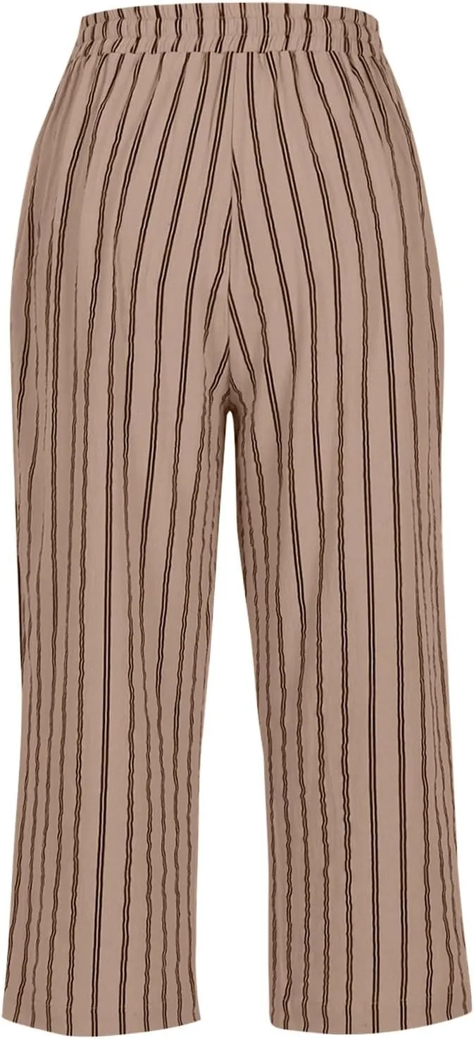 Linen Capri Pants for Women Summer Elastic Waist Casual Straight Leg Drawstring Beach Cropped Trousers with Pockets