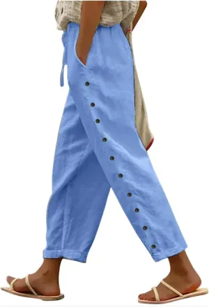 Linen Capris for Women Causal Beach Pants Drawstring Elastic Waist Boyfriend Pants Loose Lightweight Comfy Baggy Summer Pants