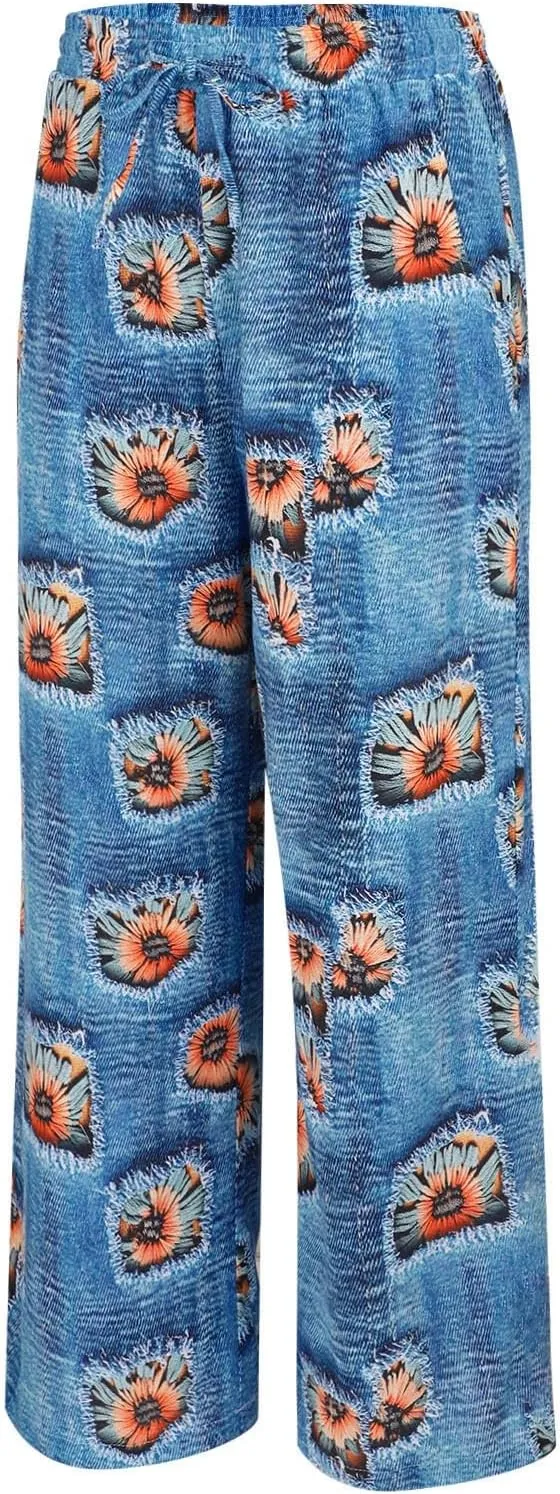 Linen Crop Pants for Women Pockets Straight Printed Color Casual Pants Loose Long Trousers Beach Palazzo Harem