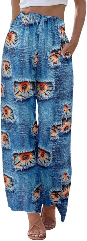 Linen Crop Pants for Women Pockets Straight Printed Color Casual Pants Loose Long Trousers Beach Palazzo Harem