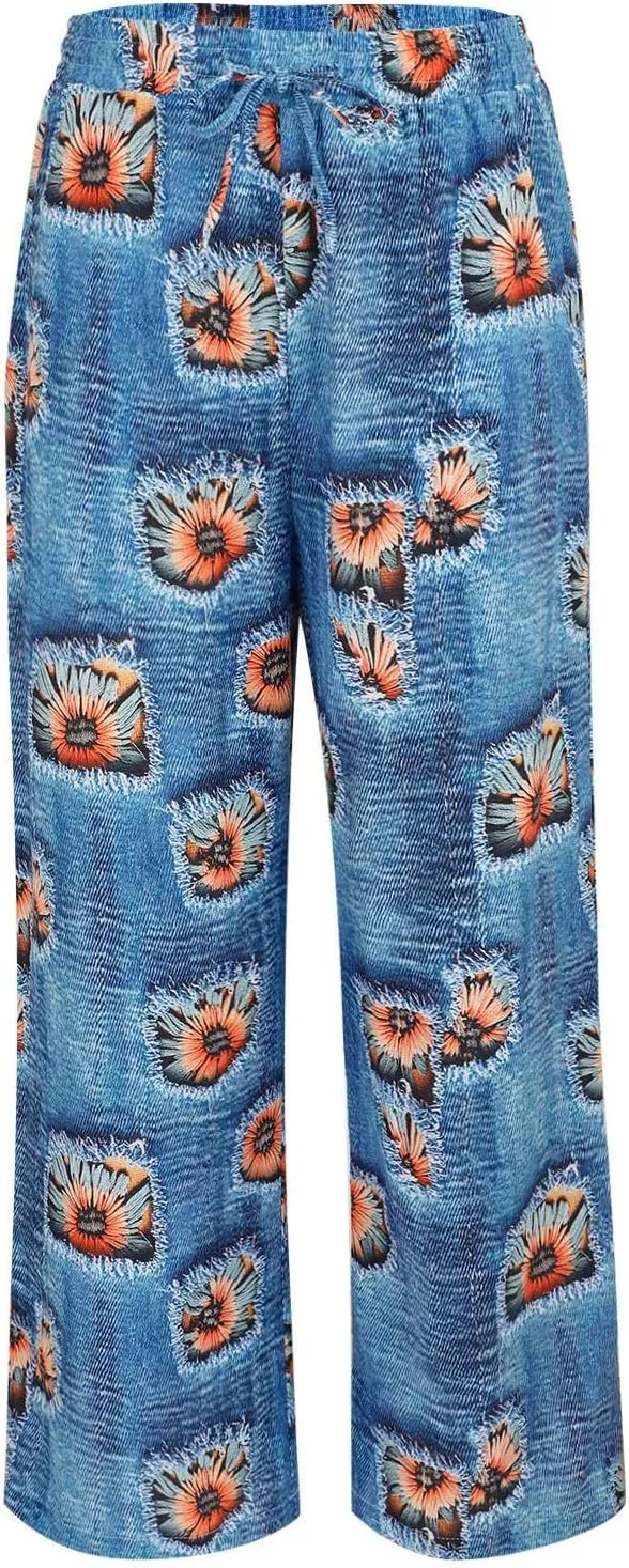 Linen Crop Pants for Women Pockets Straight Printed Color Casual Pants Loose Long Trousers Beach Palazzo Harem