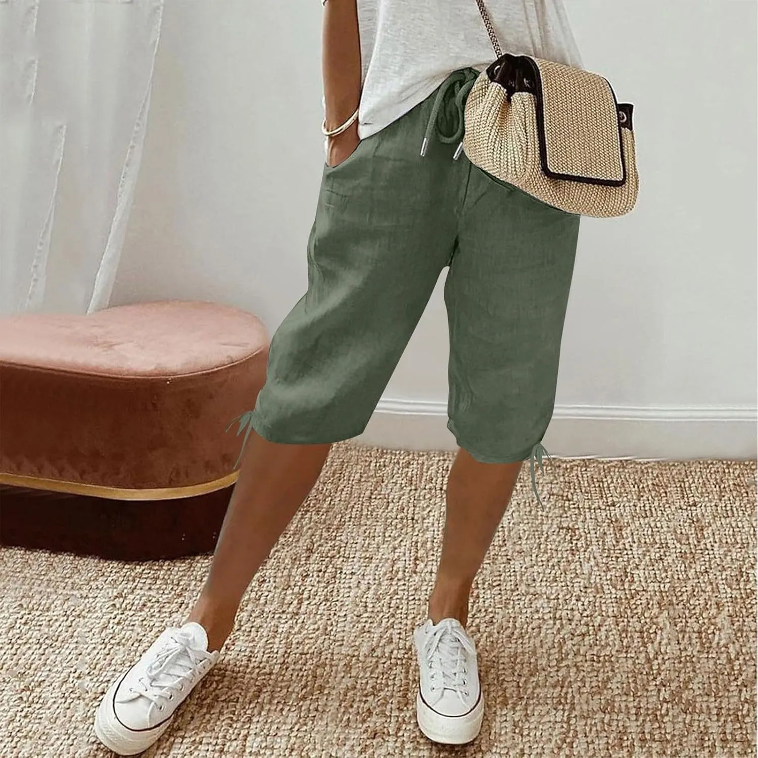 Linen Drawstring Pants for Women Lightweight Shorts High Waisted Casual Summer Drawstring Beach Vacation Outfit