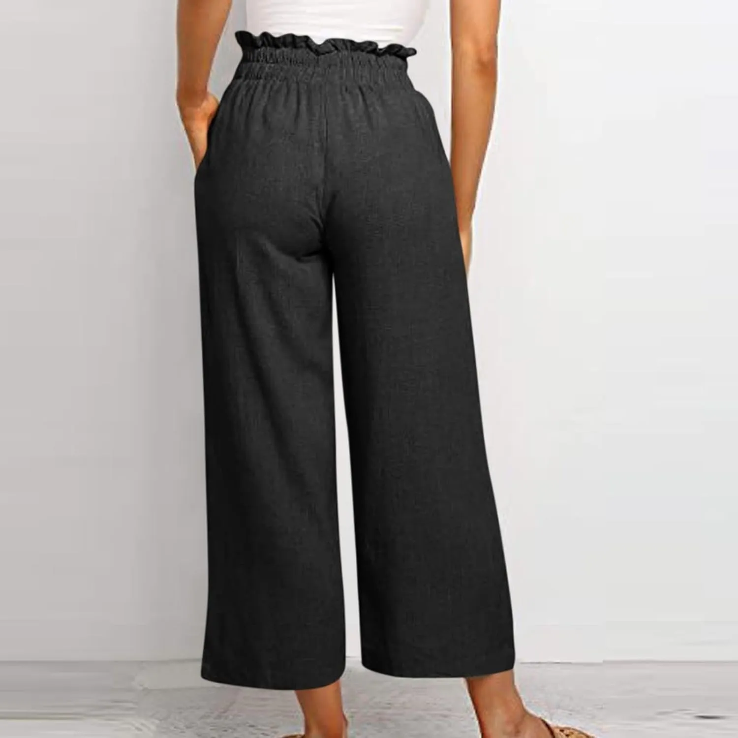 Linen Palazzo Pants for Women Drawstring Paperbag Waist Boho Wide Leg Cropped Pants Summer Beach Pants with Pockets