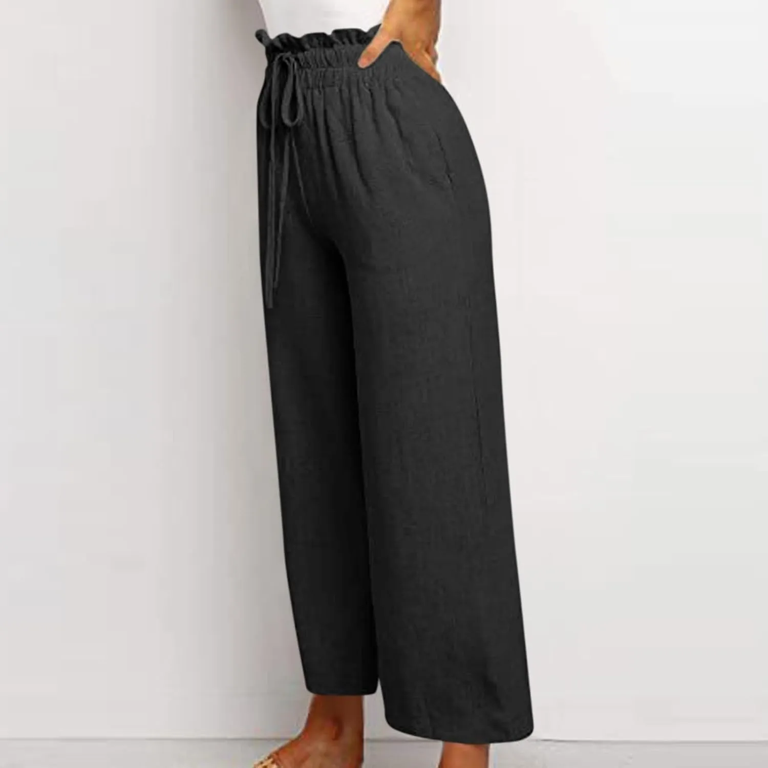 Linen Palazzo Pants for Women Drawstring Paperbag Waist Boho Wide Leg Cropped Pants Summer Beach Pants with Pockets