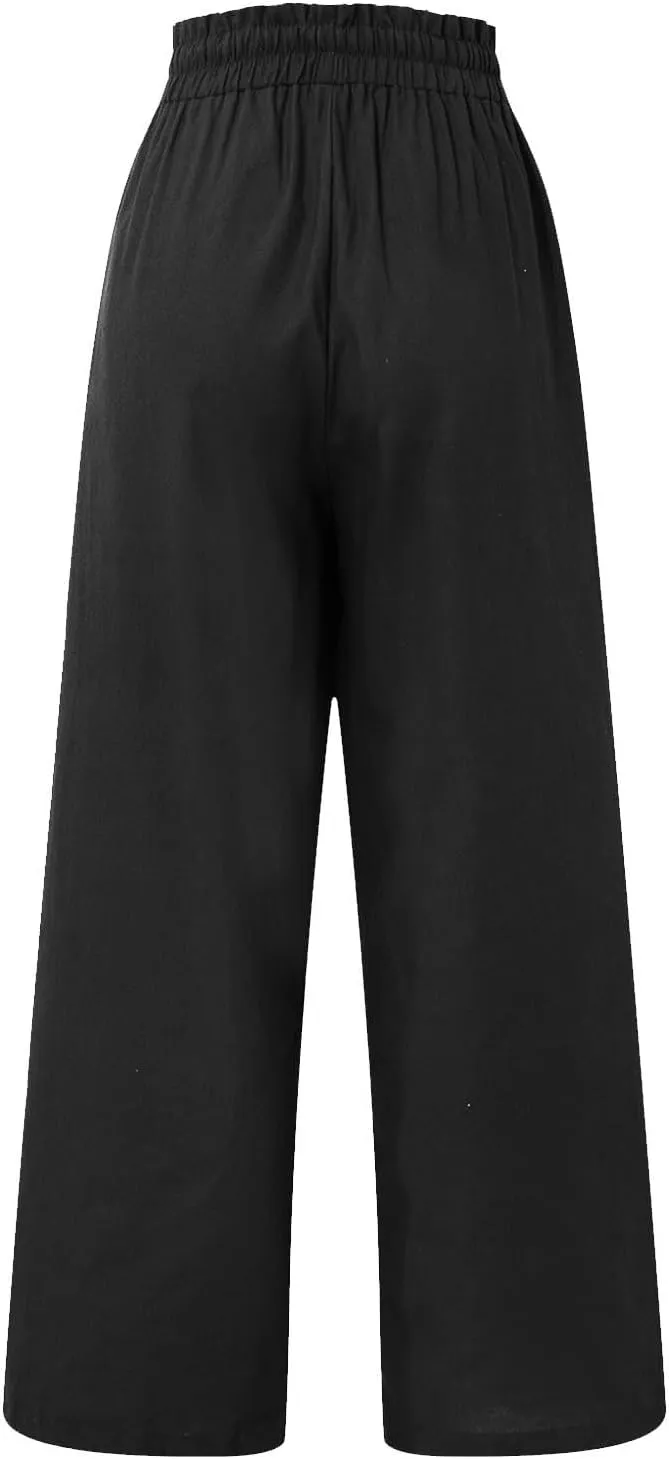 Linen Palazzo Pants for Women Drawstring Paperbag Waist Boho Wide Leg Cropped Pants Summer Beach Pants with Pockets