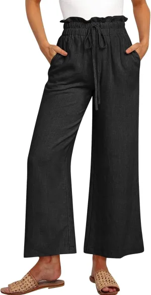 Linen Palazzo Pants for Women Drawstring Paperbag Waist Boho Wide Leg Cropped Pants Summer Beach Pants with Pockets