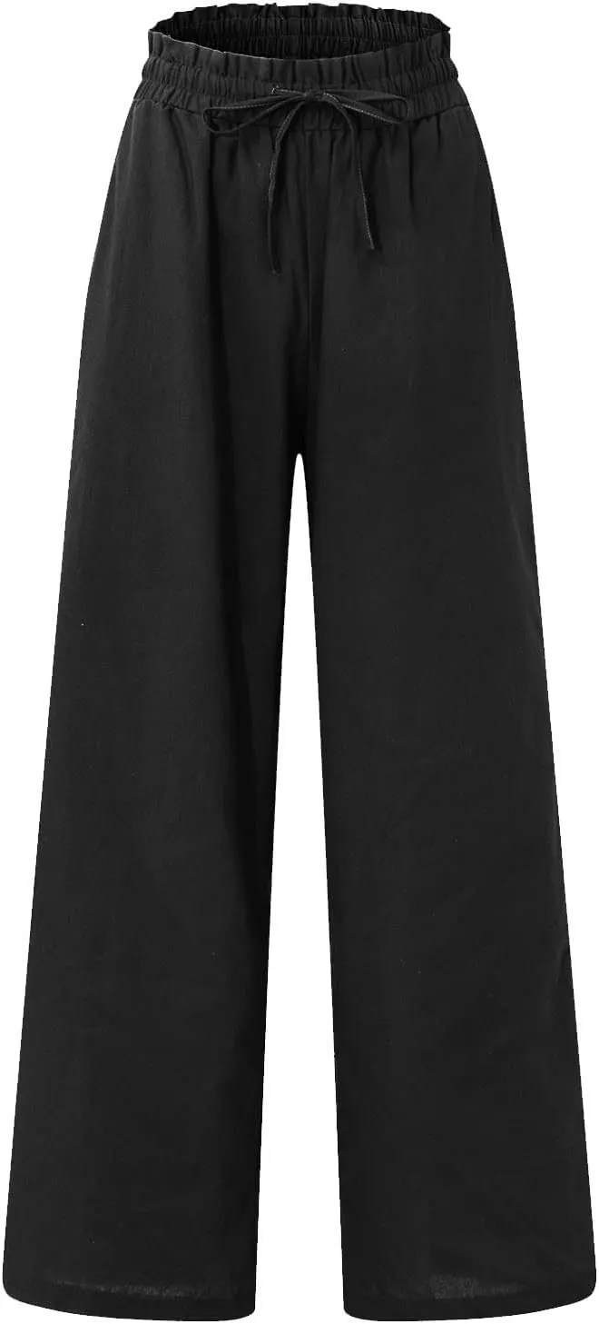 Linen Palazzo Pants for Women Drawstring Paperbag Waist Boho Wide Leg Cropped Pants Summer Beach Pants with Pockets