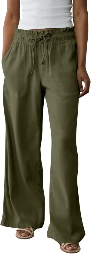 Linen Pants for Women Casual 2025 Summer Elastic Waist Drawstring Lounge Pants with Pockets High Waisted Solid Clothes