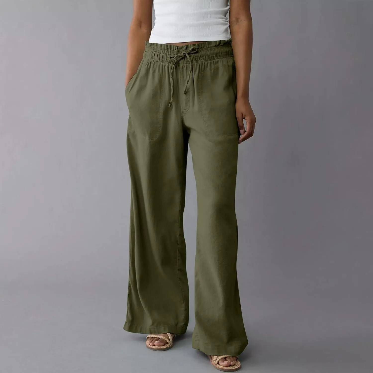 Linen Pants for Women Casual 2025 Summer Elastic Waist Drawstring Lounge Pants with Pockets High Waisted Solid Clothes