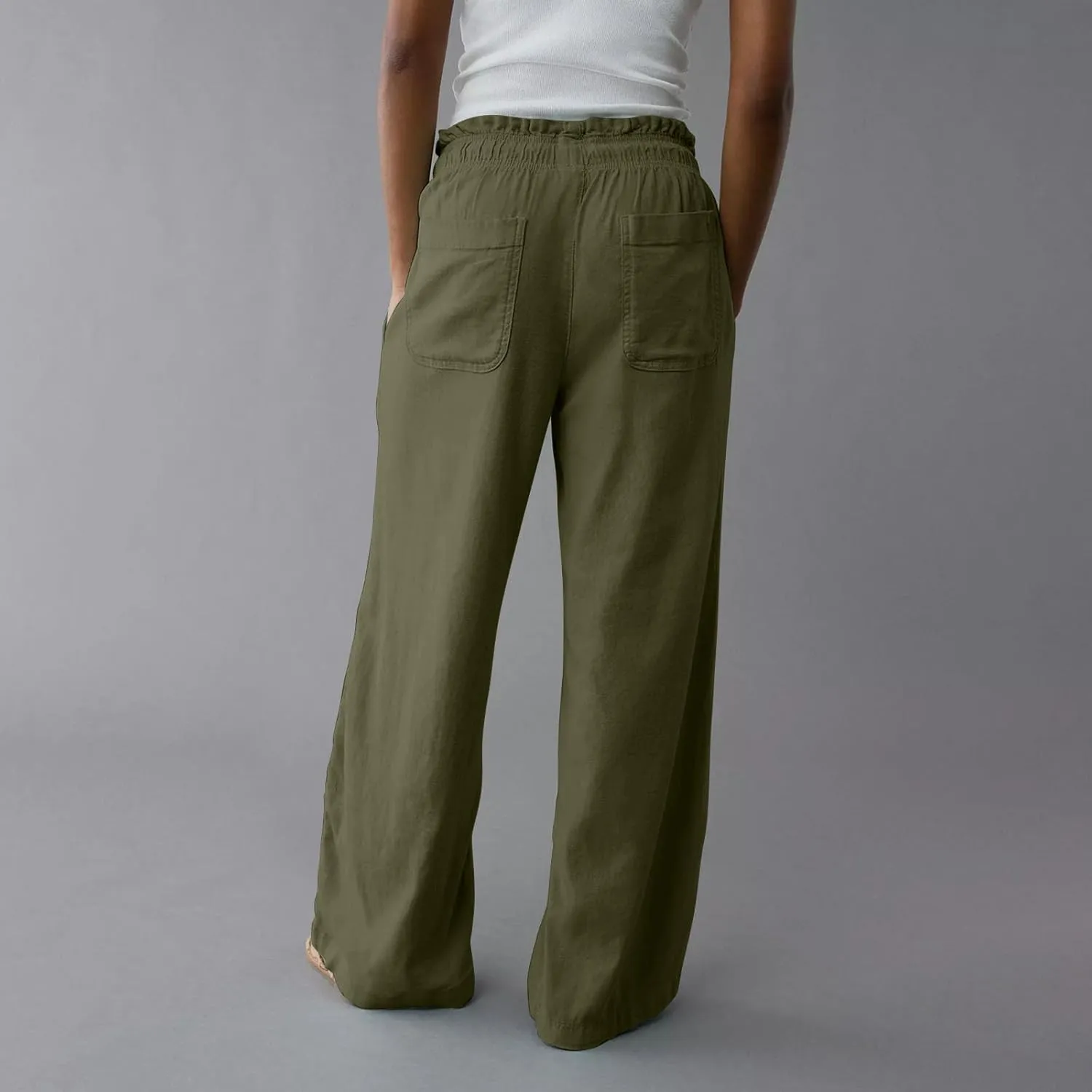 Linen Pants for Women Casual 2025 Summer Elastic Waist Drawstring Lounge Pants with Pockets High Waisted Solid Clothes