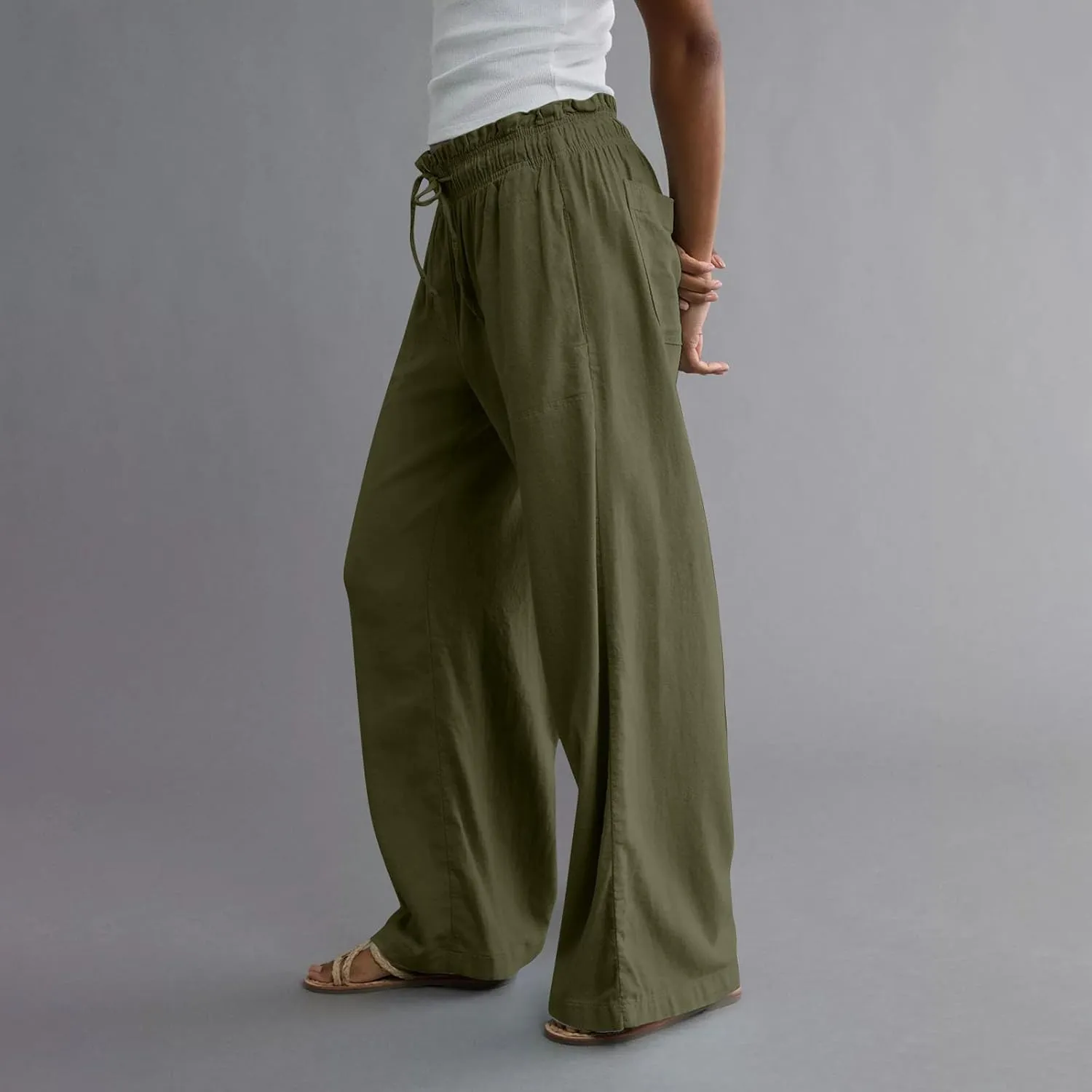 Linen Pants for Women Casual 2025 Summer Elastic Waist Drawstring Lounge Pants with Pockets High Waisted Solid Clothes