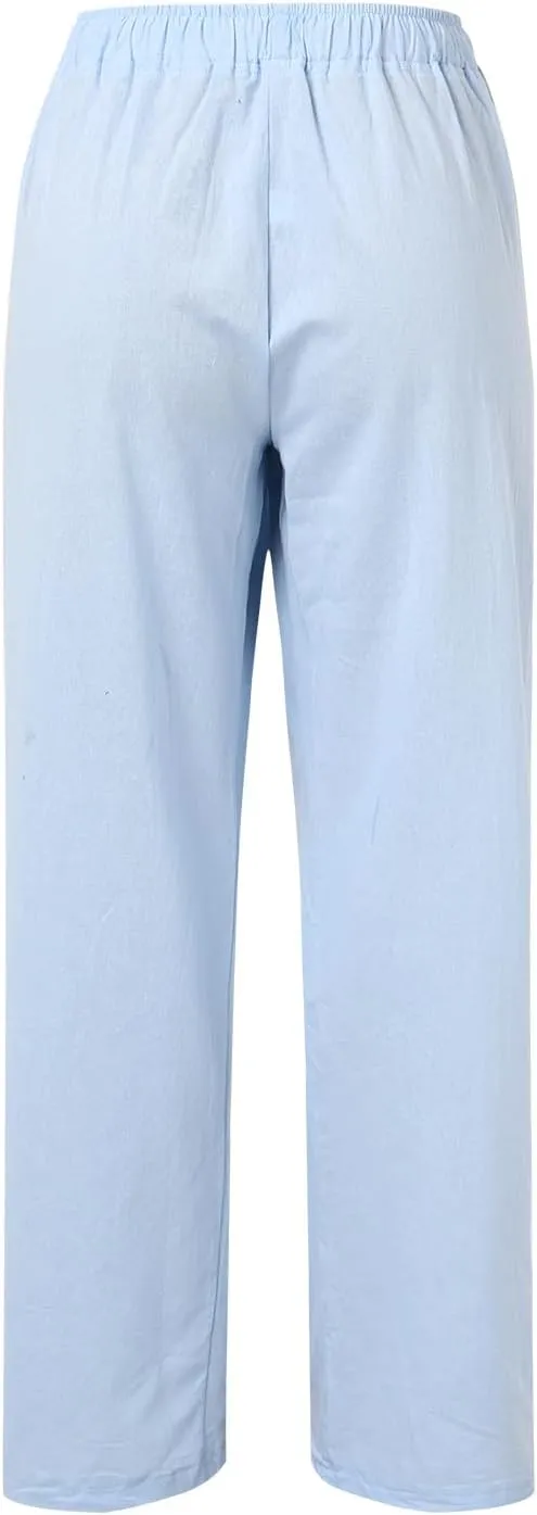Linen Pants for Women Plus Size Summer Pants Solid Flowy Drawstring Wide Leg Pants High Waisted Palazzo Pant Yoga Trousers