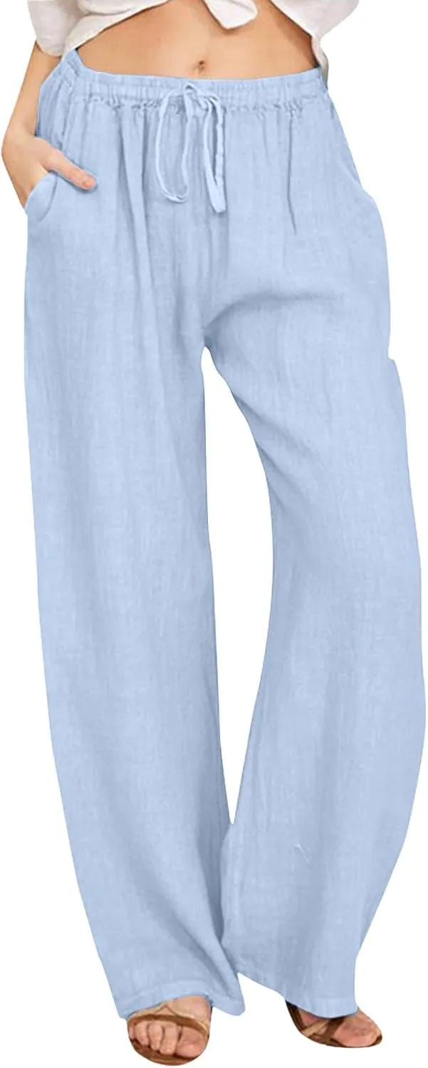 Linen Pants for Women Plus Size Summer Pants Solid Flowy Drawstring Wide Leg Pants High Waisted Palazzo Pant Yoga Trousers