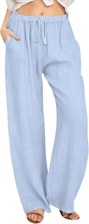 Linen Pants for Women Plus Size Summer Pants Solid Flowy Drawstring Wide Leg Pants High Waisted Palazzo Pant Yoga Trousers