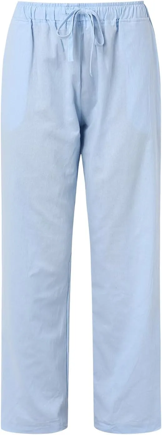 Linen Pants for Women Plus Size Summer Pants Solid Flowy Drawstring Wide Leg Pants High Waisted Palazzo Pant Yoga Trousers