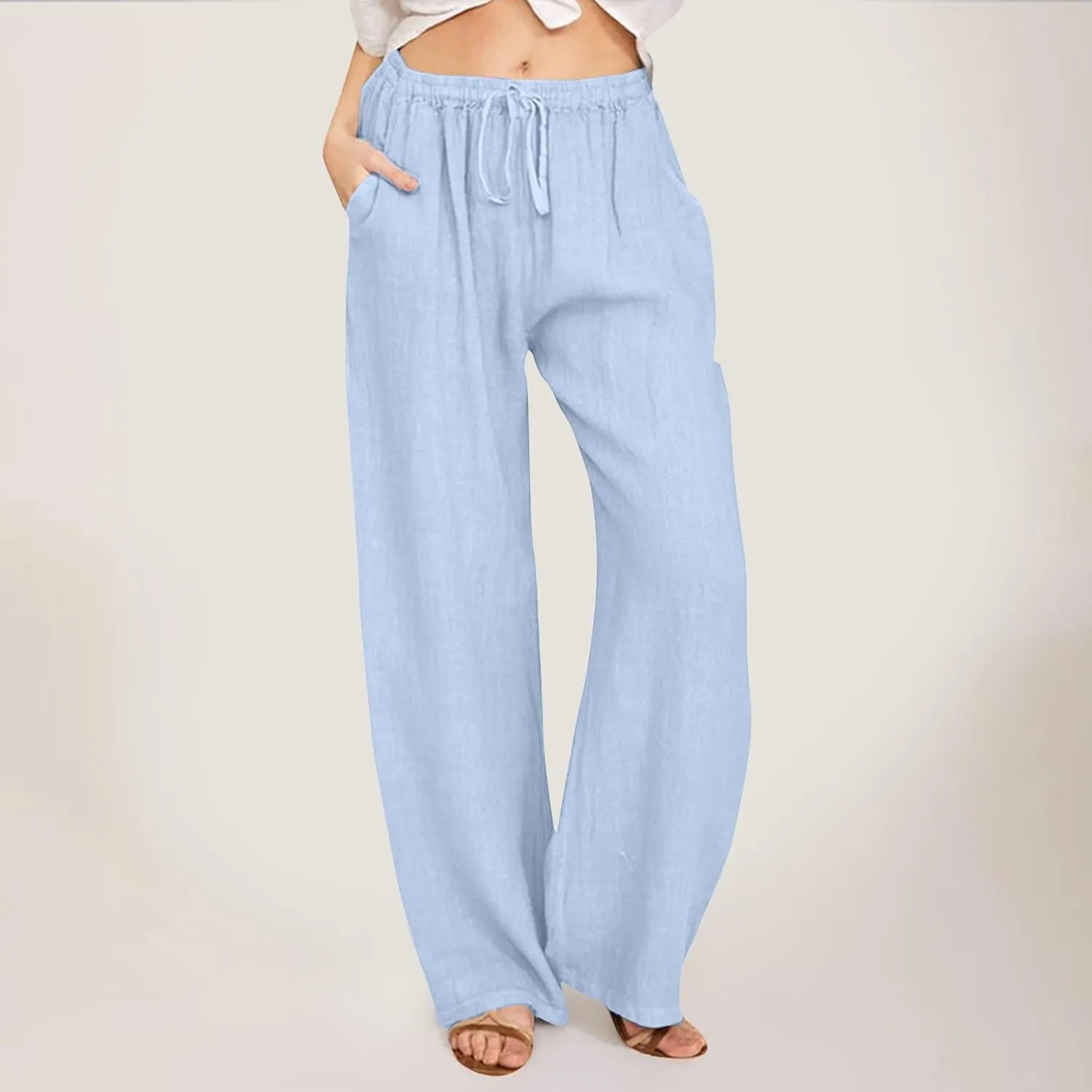 Linen Pants for Women Plus Size Summer Pants Solid Flowy Drawstring Wide Leg Pants High Waisted Palazzo Pant Yoga Trousers