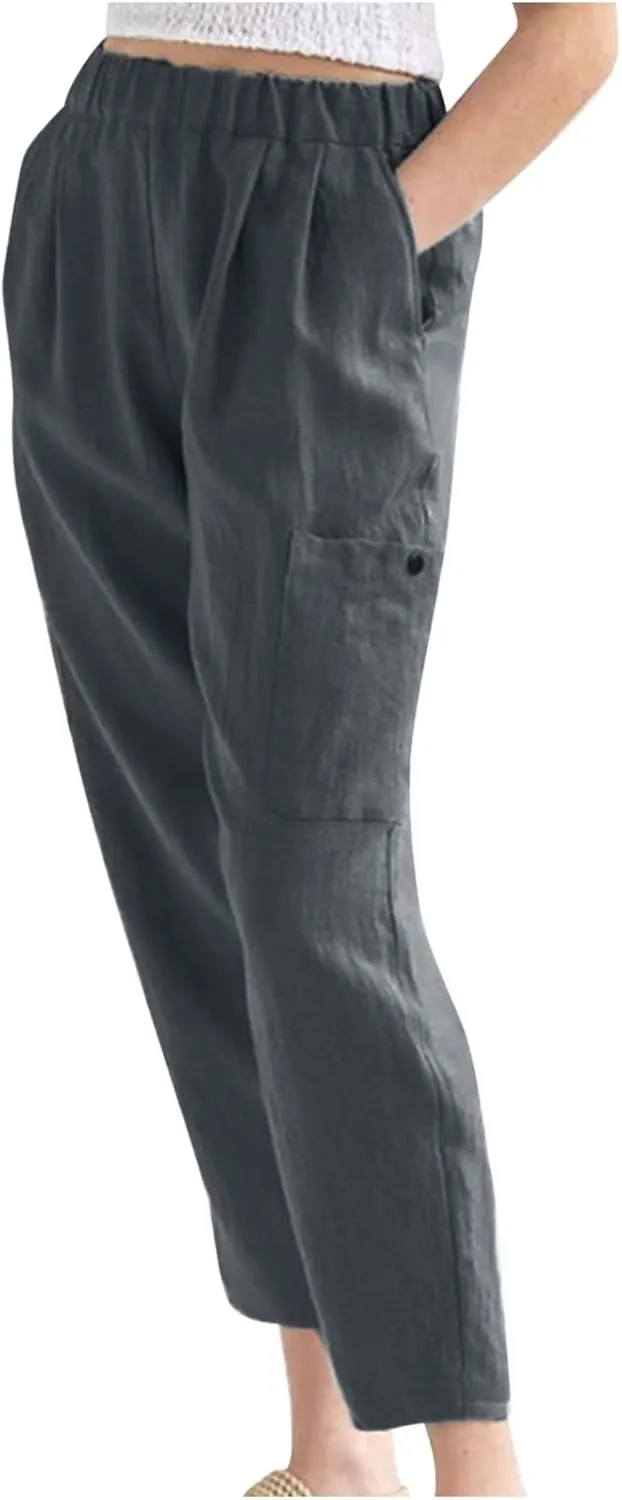 Linen Pants for Women Summer Beach Straight Leg Trousers Casual Elastic Waist Breathable Slacks Pants with Pocket