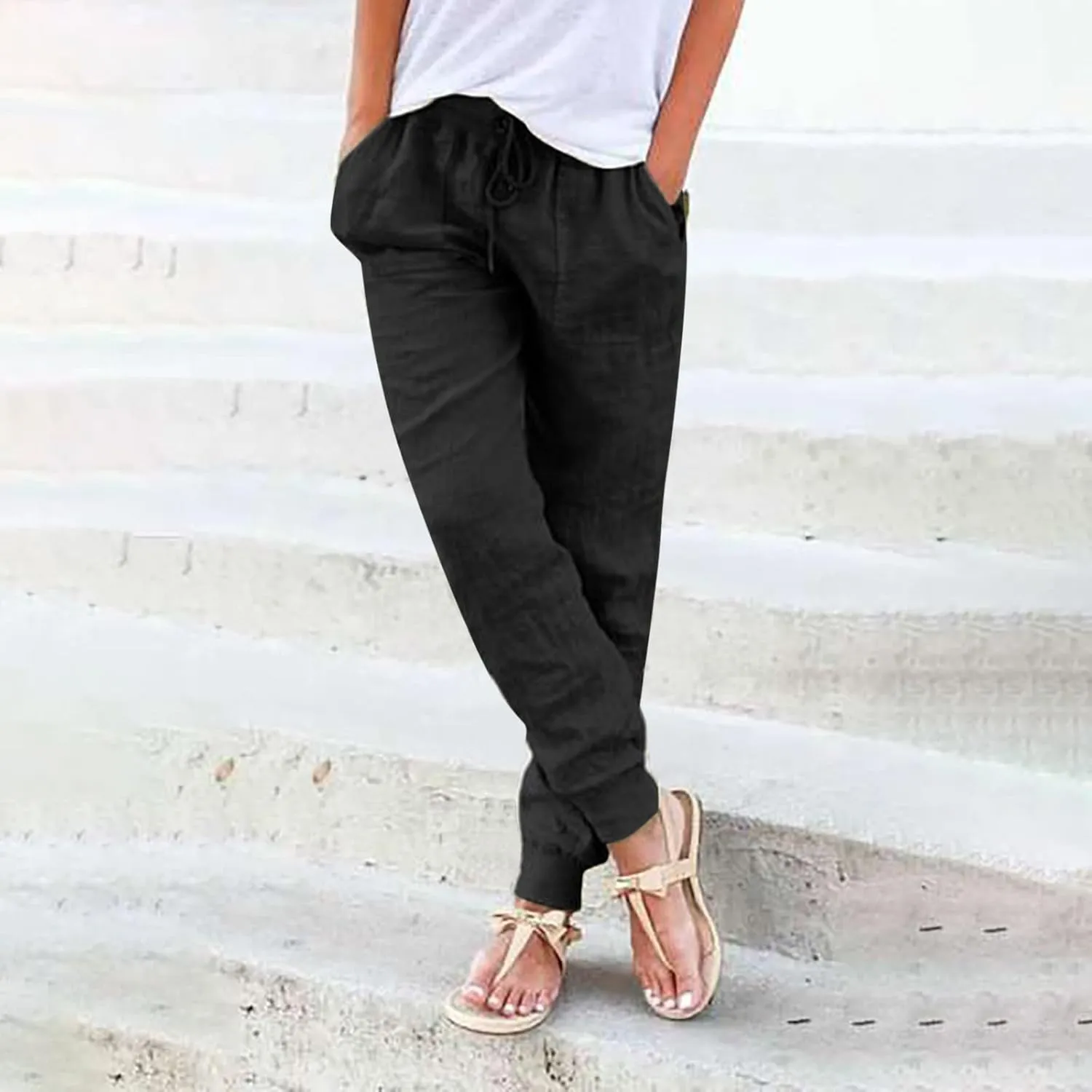 Linen Pants for Women Summer Comfy Breathable Casual Pants Drawstring Elastic Waist Baggy Long Trousers with Pockets